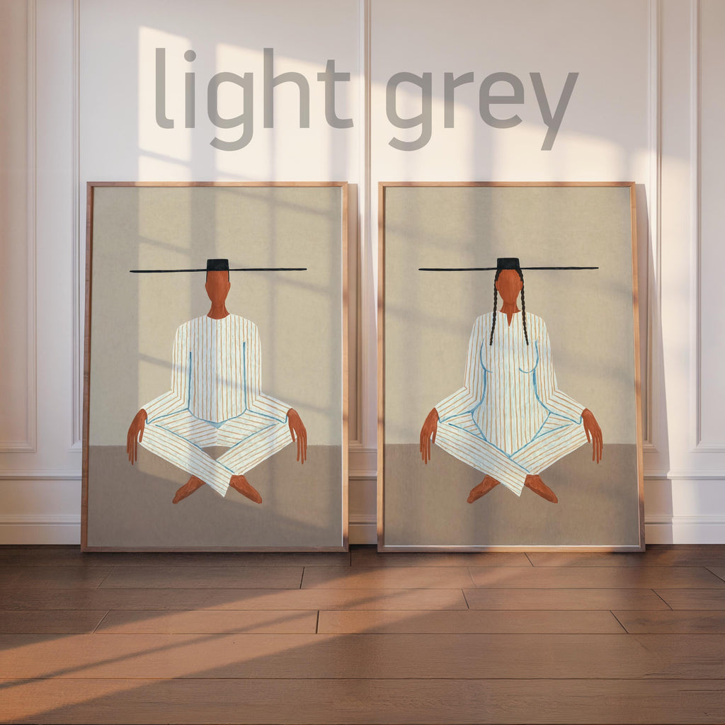 Light grey background diptych leaning against wall, serene seated meditation art, minimalist meditation print