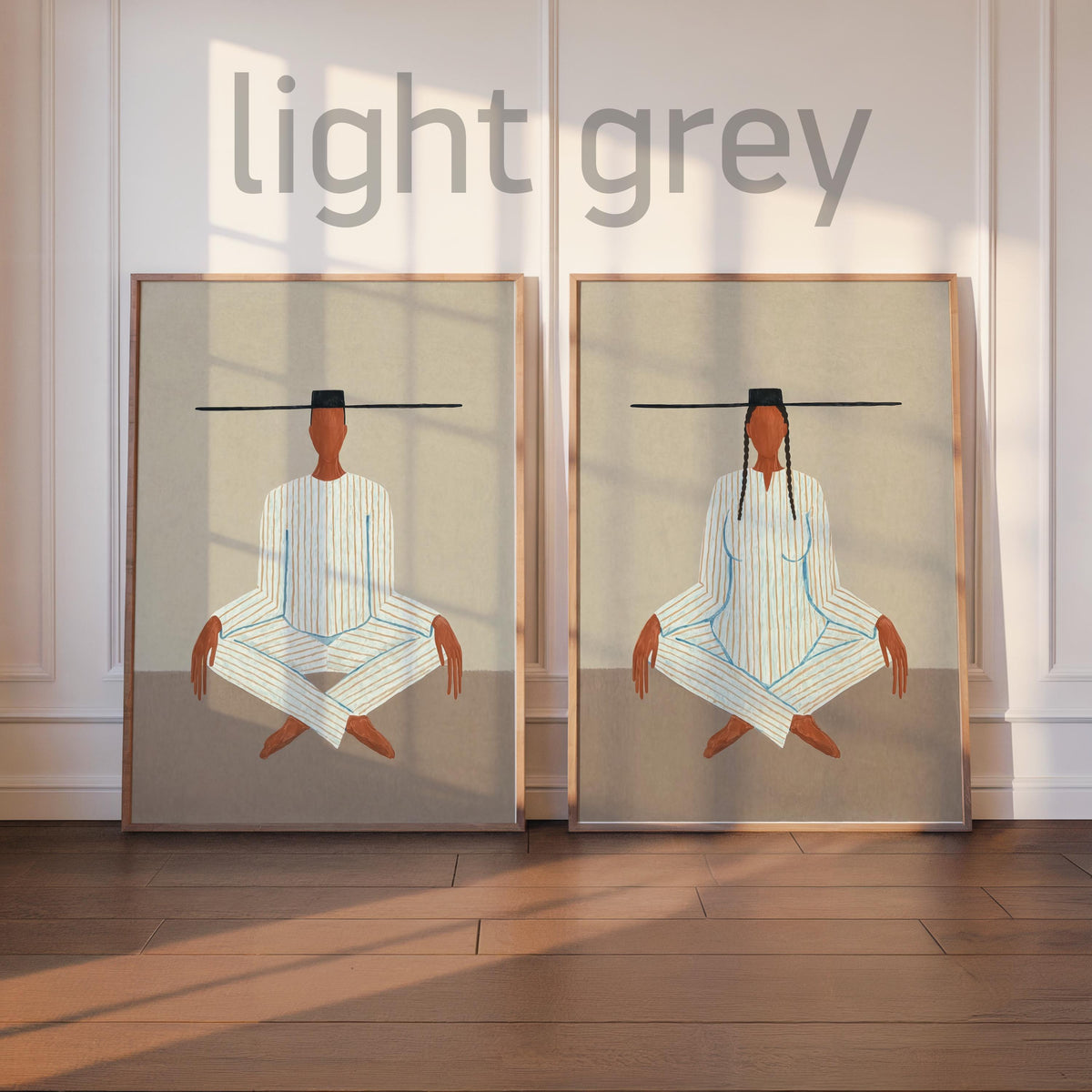 Light grey background diptych leaning against wall, serene seated meditation art, minimalist meditation print