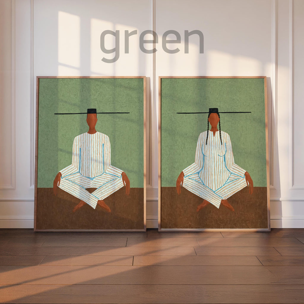 Green background option, two seated meditation art prints side by side, meditating figure art print, neutral meditation decor