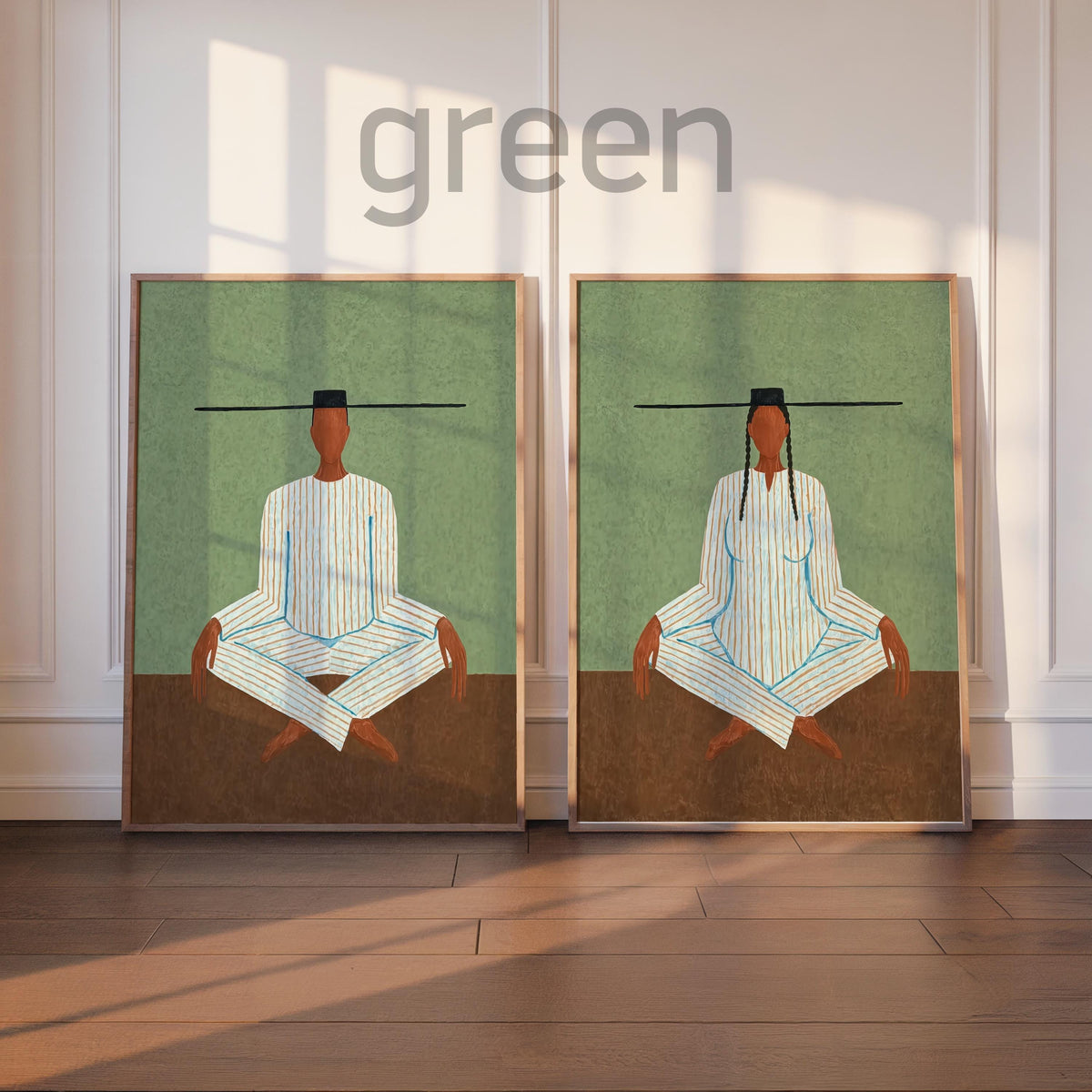 Green background option, two seated meditation art prints side by side, meditating figure art print, neutral meditation decor