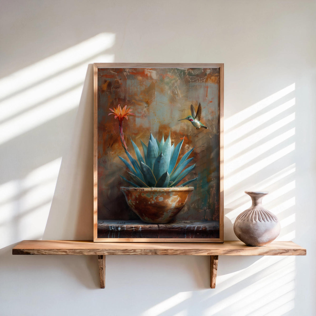 Agave Hummingbird Wall Art, Mexico Botanical Bird Print, Southwestern Desert Succulent Decor, Rustic Boho Nature Painting, Latina Folk Gift