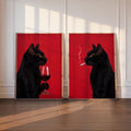 Black Cat Drinking Wine & Smoking Print Set of 2, Surreal Animal Duo, Cigarette Alcohol Home Decor, Unique Bar Cart Art, Funny Wall Decor