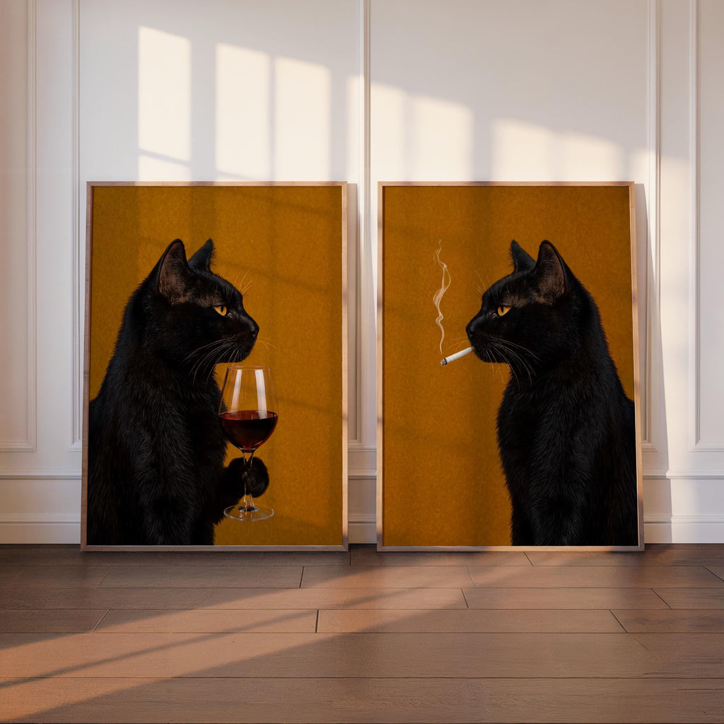 Black Cat Drinking Wine & Smoking Print Set of 2, Surreal Animal Duo, Cigarette Alcohol Home Decor, Unique Bar Cart Art, Funny Wall Decor