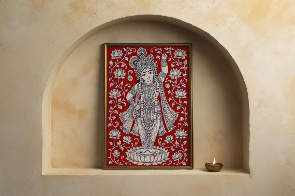 Shreenathji Kalamkari Wall Art, Hindu God Lord Krishna Painting, Red Traditional Indian Folk Art Print, Pichwai Shrinathji Poster