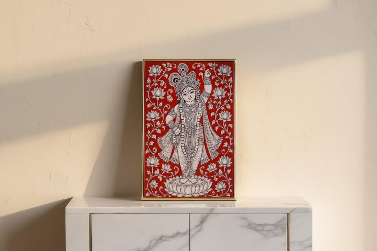 Shreenathji Kalamkari Wall Art, Hindu God Lord Krishna Painting, Red Traditional Indian Folk Art Print, Pichwai Shrinathji Poster