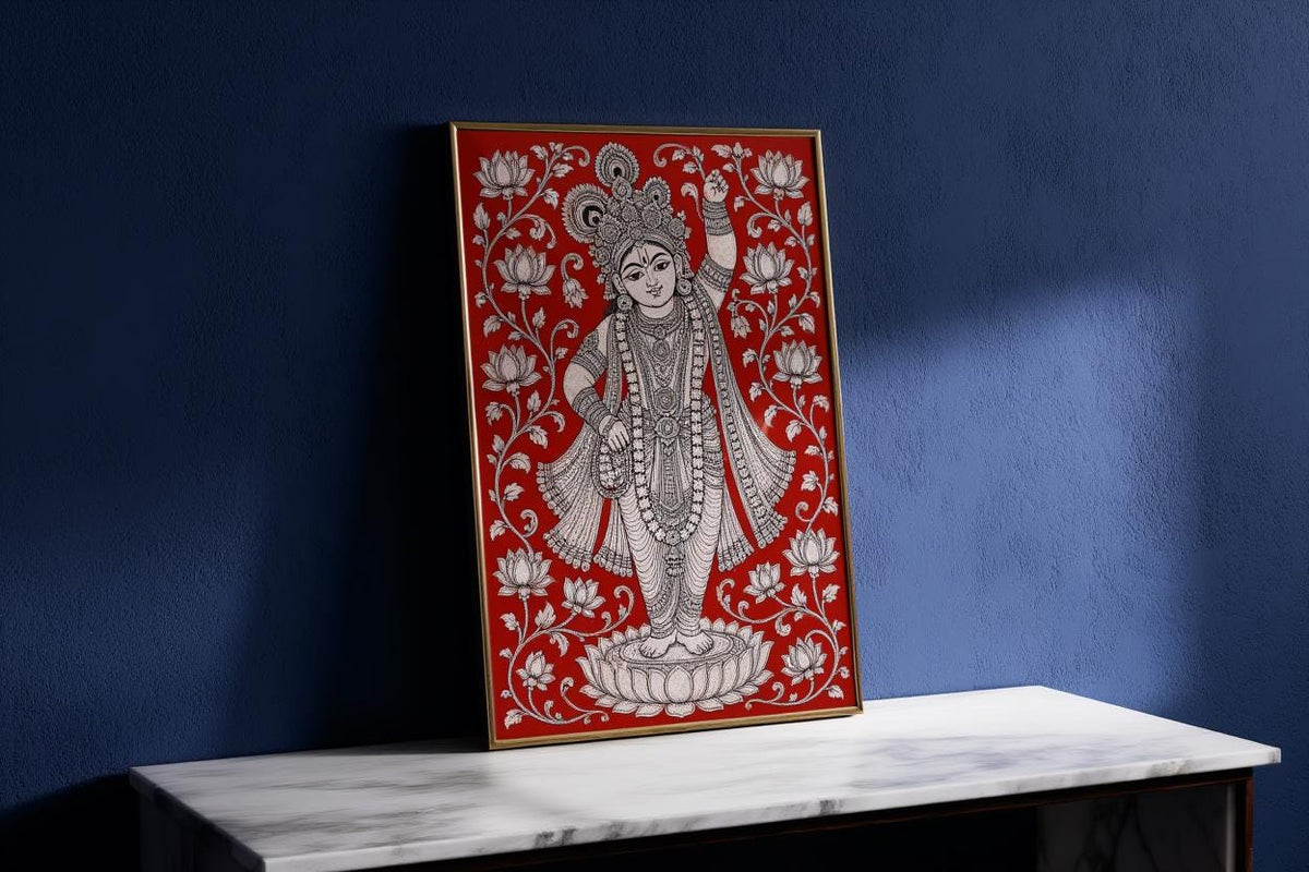 Shreenathji Kalamkari Wall Art, Hindu God Lord Krishna Painting, Red Traditional Indian Folk Art Print, Pichwai Shrinathji Poster