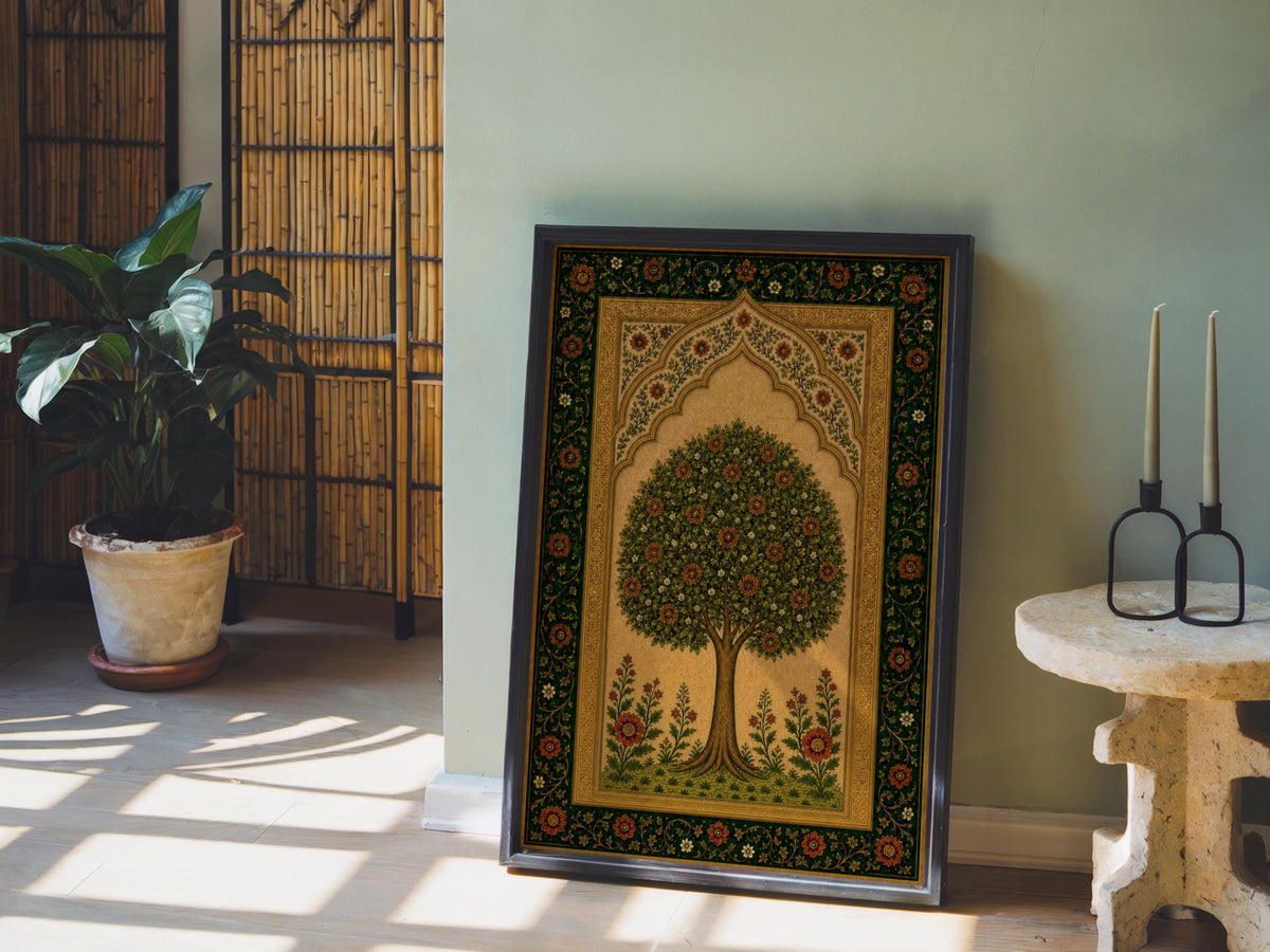 Arab Tree of Life Wall Art, Persian Floral Print, Islamic Geometrical Pattern, Middle Eastern Paradise Garden Decor, Botanical Olive Poster