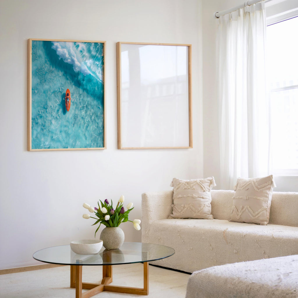 Surfer Art Set of 2: Aerial Beach Surfboard Couple Ocean Print, Coastal Living Wall Decor, Modern Minimalist Girl & Boy Summer Poster