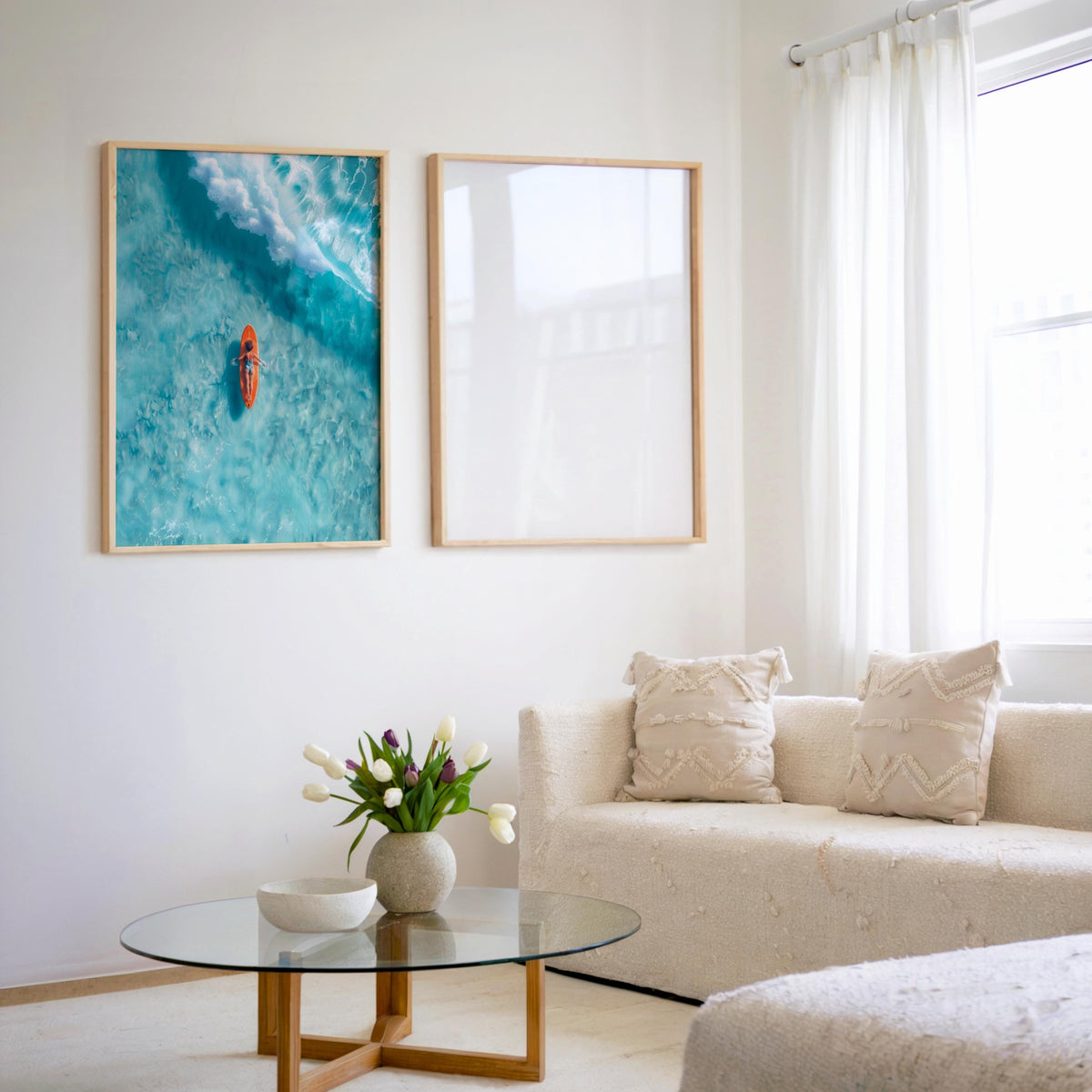 Surfer Art Set of 2: Aerial Beach Surfboard Couple Ocean Print, Coastal Living Wall Decor, Modern Minimalist Girl & Boy Summer Poster