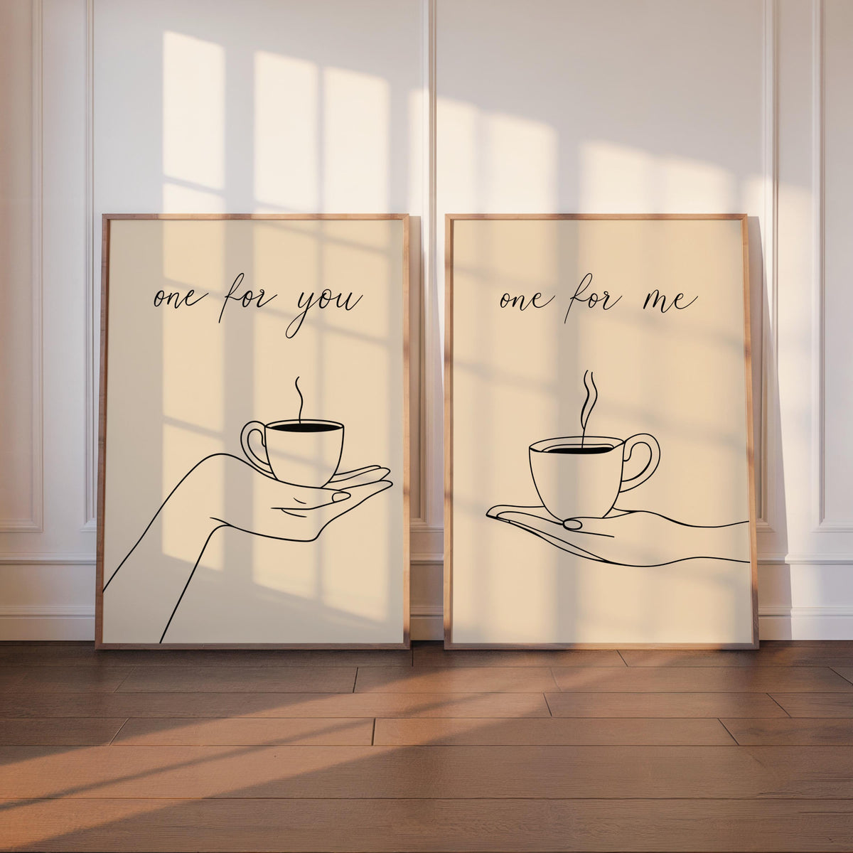 Cofee Art Print Set of 2, Minimalist Tea & Coffee Lover Poster, Kitchen Cafe Line Drawing Decor, One for You, One for Me Espresso Couple