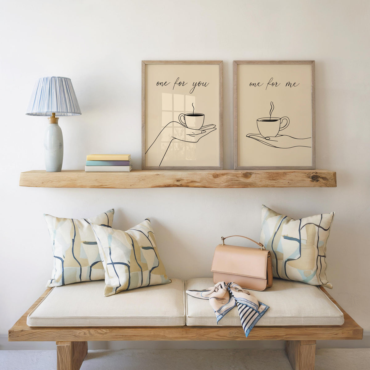 Cofee Art Print Set of 2, Minimalist Tea & Coffee Lover Poster, Kitchen Cafe Line Drawing Decor, One for You, One for Me Espresso Couple