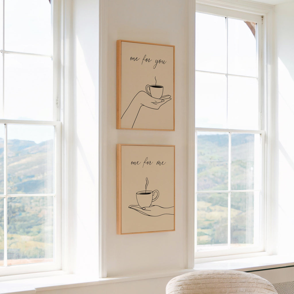 Cofee Art Print Set of 2, Minimalist Tea & Coffee Lover Poster, Kitchen Cafe Line Drawing Decor, One for You, One for Me Espresso Couple