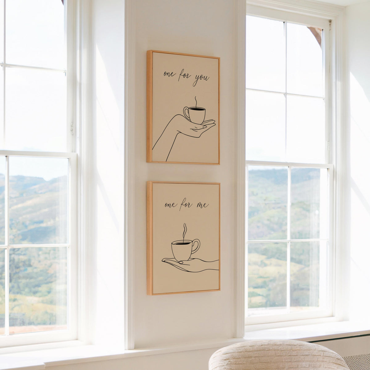 Cofee Art Print Set of 2, Minimalist Tea & Coffee Lover Poster, Kitchen Cafe Line Drawing Decor, One for You, One for Me Espresso Couple