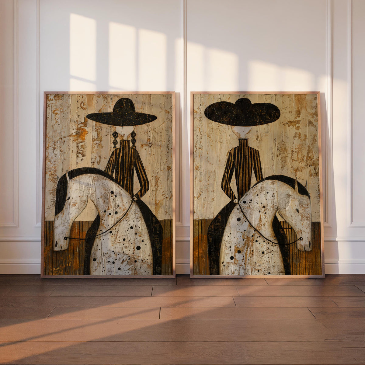 Western Rider Art Set of 2: Cowboy & Cowgirl Horse Painting, Modern Rustic Wall Decor, Equestrian Poster Duo, Minimalist Southwestern Canvas