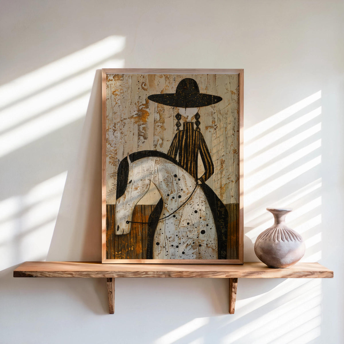 Western Rider Art Set of 2: Cowboy & Cowgirl Horse Painting, Modern Rustic Wall Decor, Equestrian Poster Duo, Minimalist Southwestern Canvas