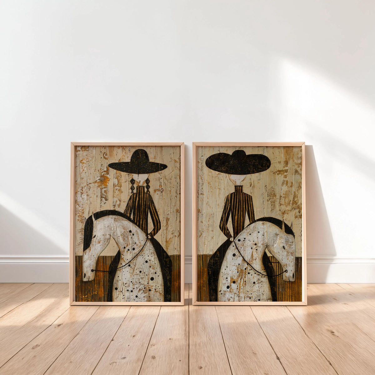 Western Rider Art Set of 2: Cowboy & Cowgirl Horse Painting, Modern Rustic Wall Decor, Equestrian Poster Duo, Minimalist Southwestern Canvas