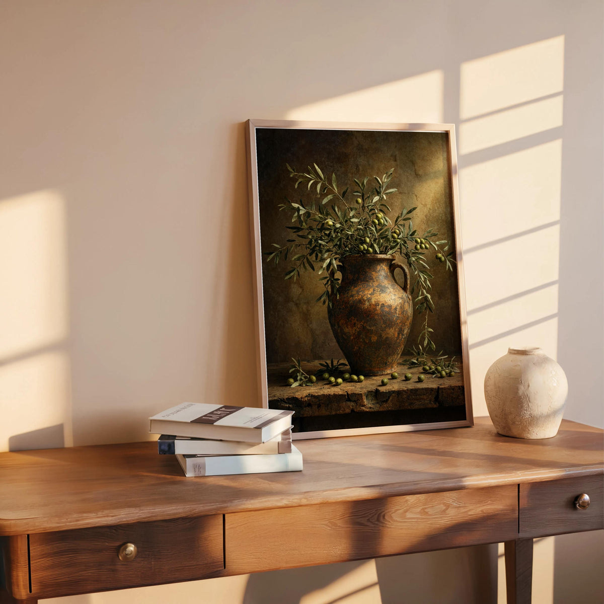 Mediterranean Olive Branch Wall Art, Rustic Still Life Print, Moody Kitchen Decor, Vintage Tuscan Botanical Poster