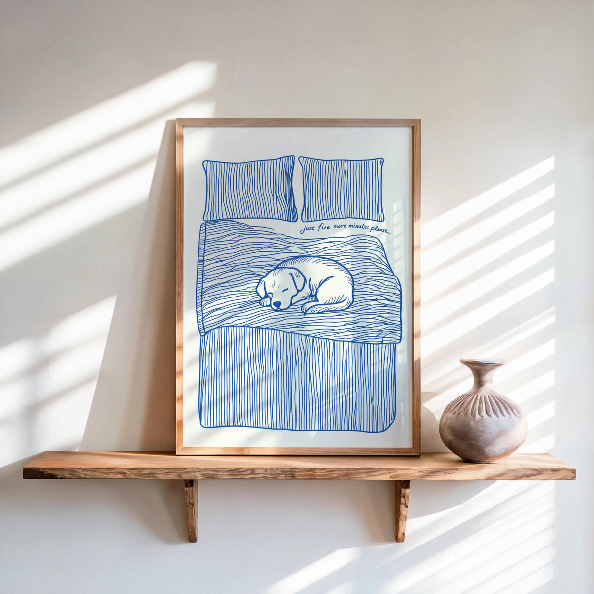 Just 5 more minutes Typography Poster, Sleeping Dog Cute Bedroom Decor, Funny Let’s Stay In Bed Wall Art, Retro Sleep Tight Print Sketch