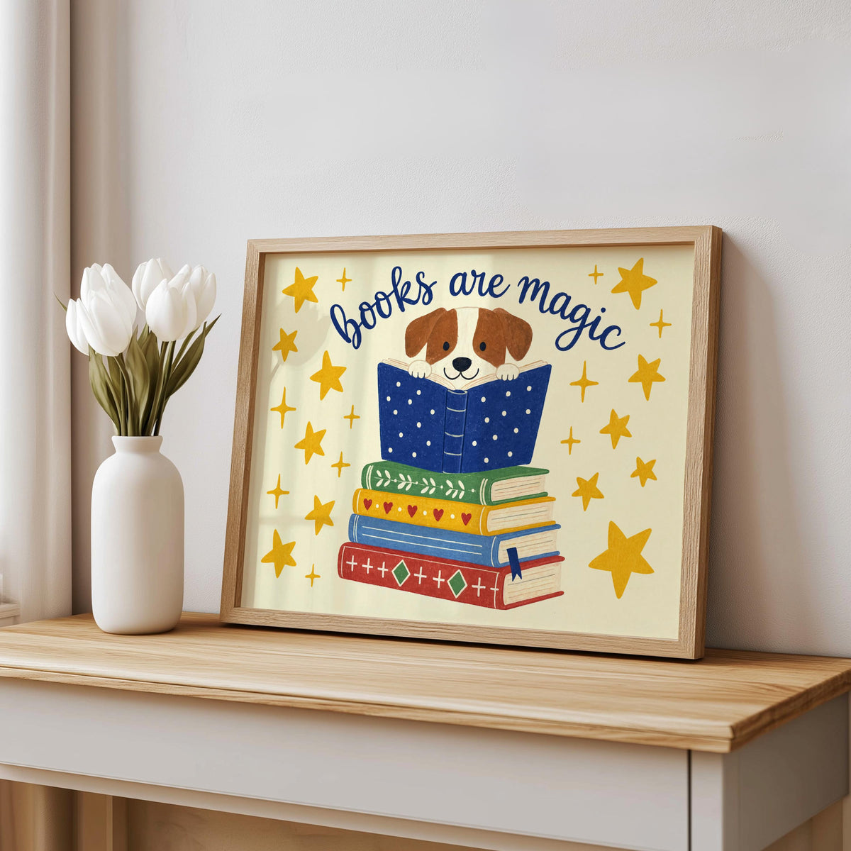 Dog reading wall art on mantel with white vases and tulips, cheerful children's book art print for nursery