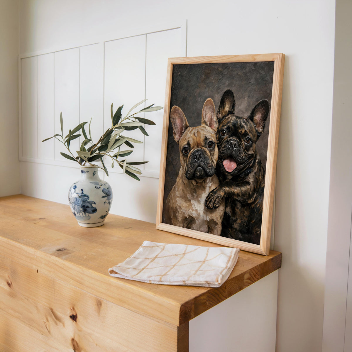 French Bulldog Portrait Canvas, Two Loving Frenchies, Canine Best Friends Painting, Pet Memorial Art, Cute Dog Mom Lover Portrait Gift