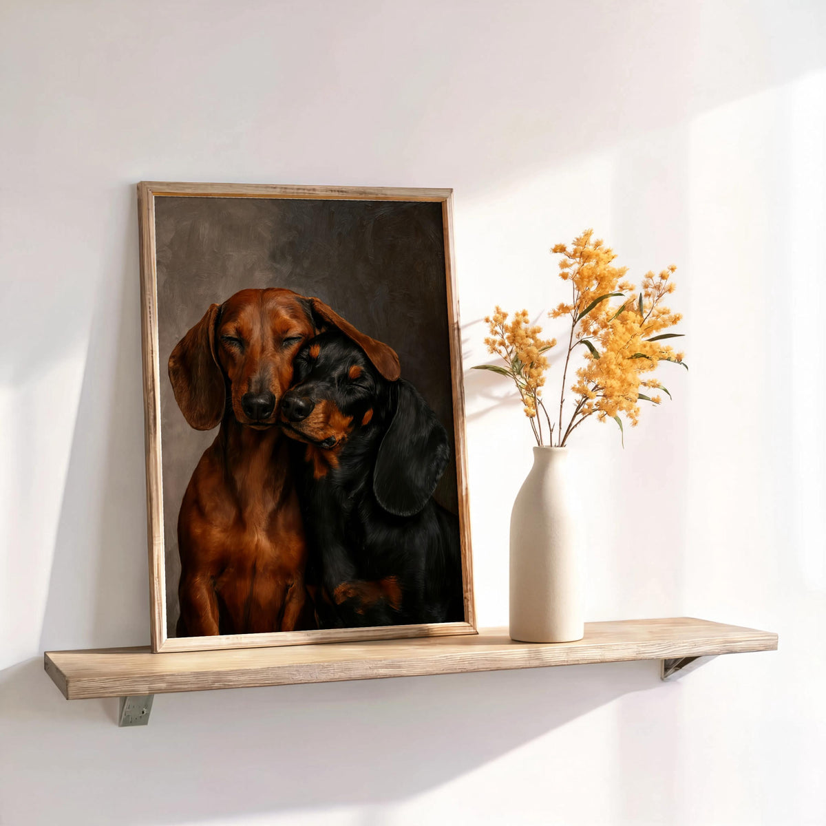 Framed dachshund wall art print on a floating shelf with dried stems, warm highlights on the doxies' coats