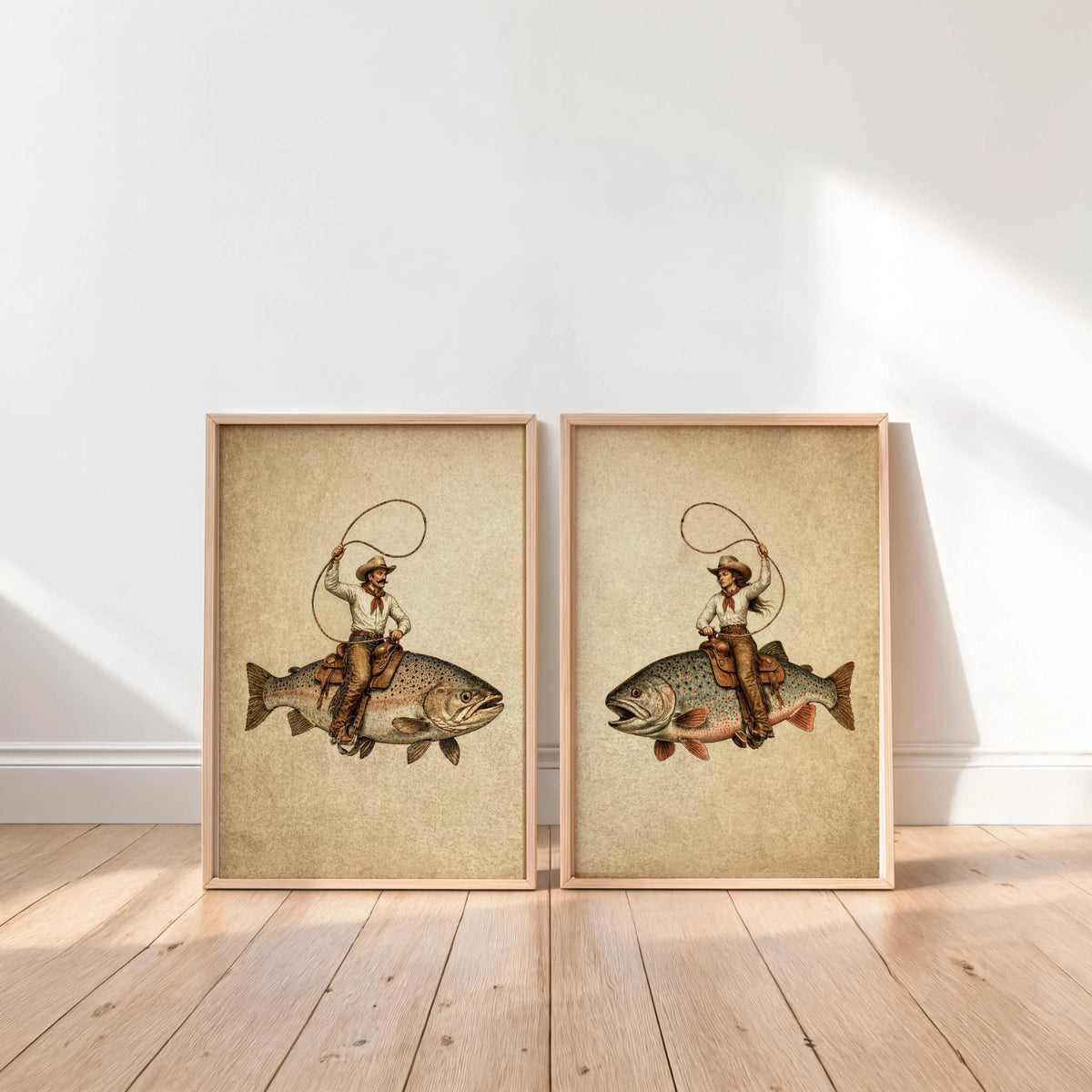 Cowboy & Cowgirl Riding Fish Set of 2, Funny Brook Trout Wall Art, Surreal Western Decor, Vintage Fishing Poster, Wild West Print