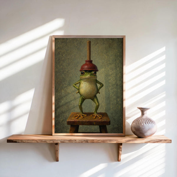Funny Frog with Red Plunger Bathroom Print