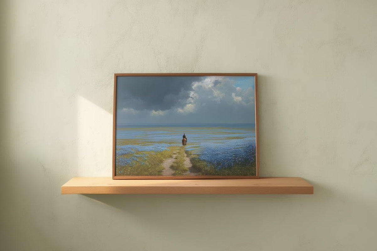 Bluebonnets Prairie & Lone Cowboy, Western Landscape Painting, Moody Stormy Sky Art, Texas Hill Country Print, Wildflower Field Poster