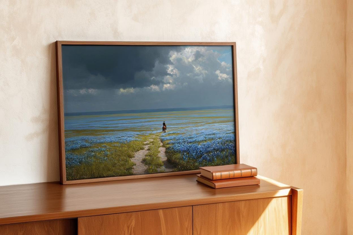 Bluebonnets Prairie & Lone Cowboy, Western Landscape Painting, Moody Stormy Sky Art, Texas Hill Country Print, Wildflower Field Poster
