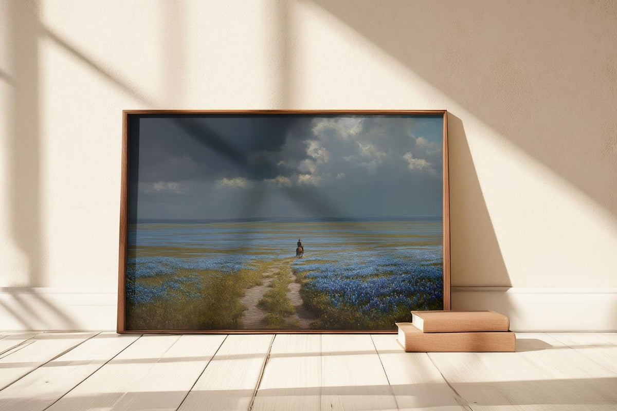 Bluebonnets Prairie & Lone Cowboy, Western Landscape Painting, Moody Stormy Sky Art, Texas Hill Country Print, Wildflower Field Poster