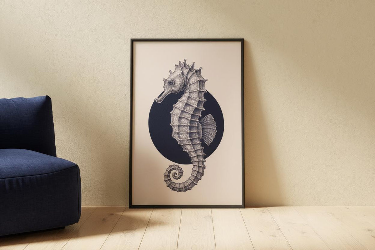 Seahorse Line Art, Minimalist Japanese Ocean Wall Decor, Modern Nautical Print, Ink Illustration Marine Poster, Japandi Sea Life Gift