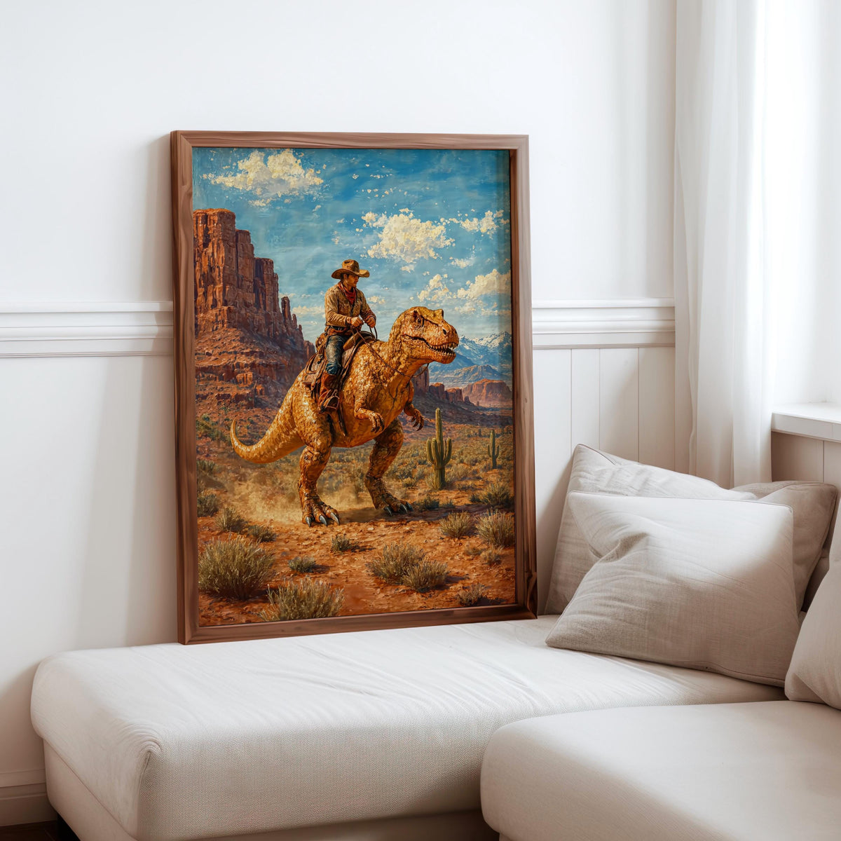 Cowboy & Cowgirl Riding Dinosaur Set of 2, Vintage Western T-Rex Print, Surreal Desert Landscape Deco, Funny Retro Jurassic Dino Print