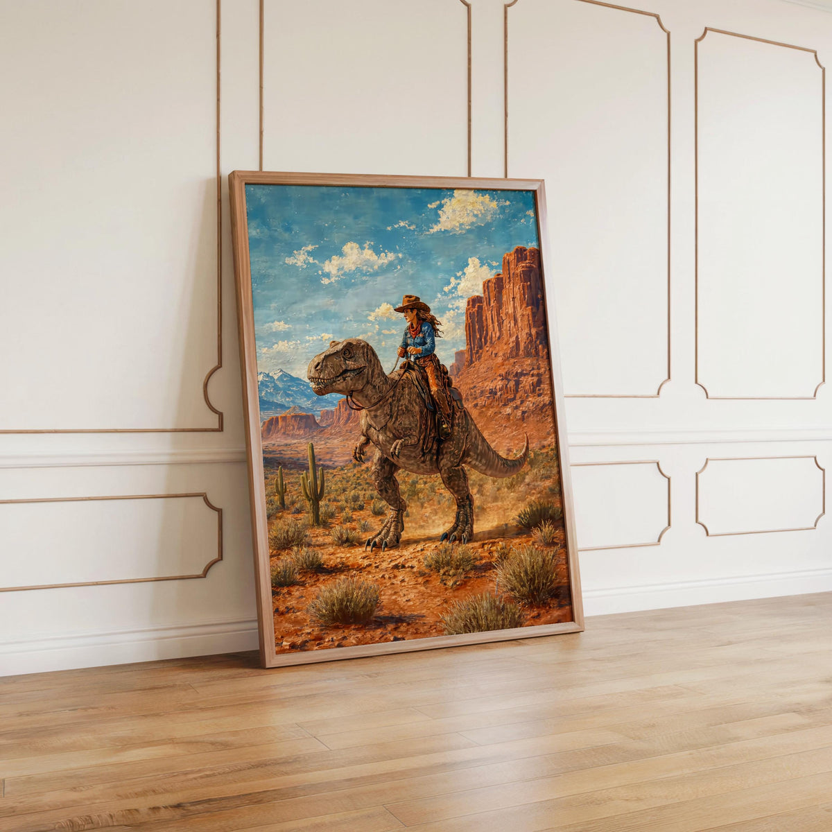 Cowboy & Cowgirl Riding Dinosaur Set of 2, Vintage Western T-Rex Print, Surreal Desert Landscape Deco, Funny Retro Jurassic Dino Print