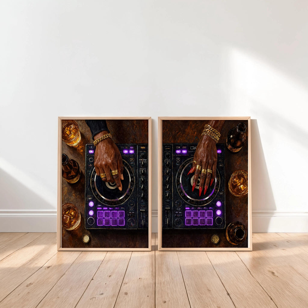 Black Culture DJ Turntable Art Set of 2, Modern Music Studio Print, Black Woman & Man DJ Decks Controller Poster, Urban Club Lover Gift