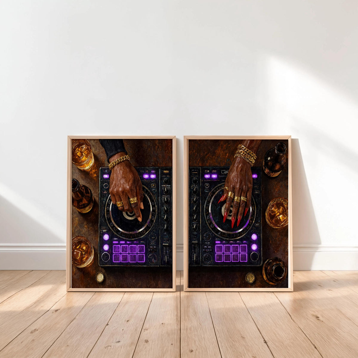 Black Culture DJ Turntable Art Set of 2, Modern Music Studio Print, Black Woman & Man DJ Decks Controller Poster, Urban Club Lover Gift
