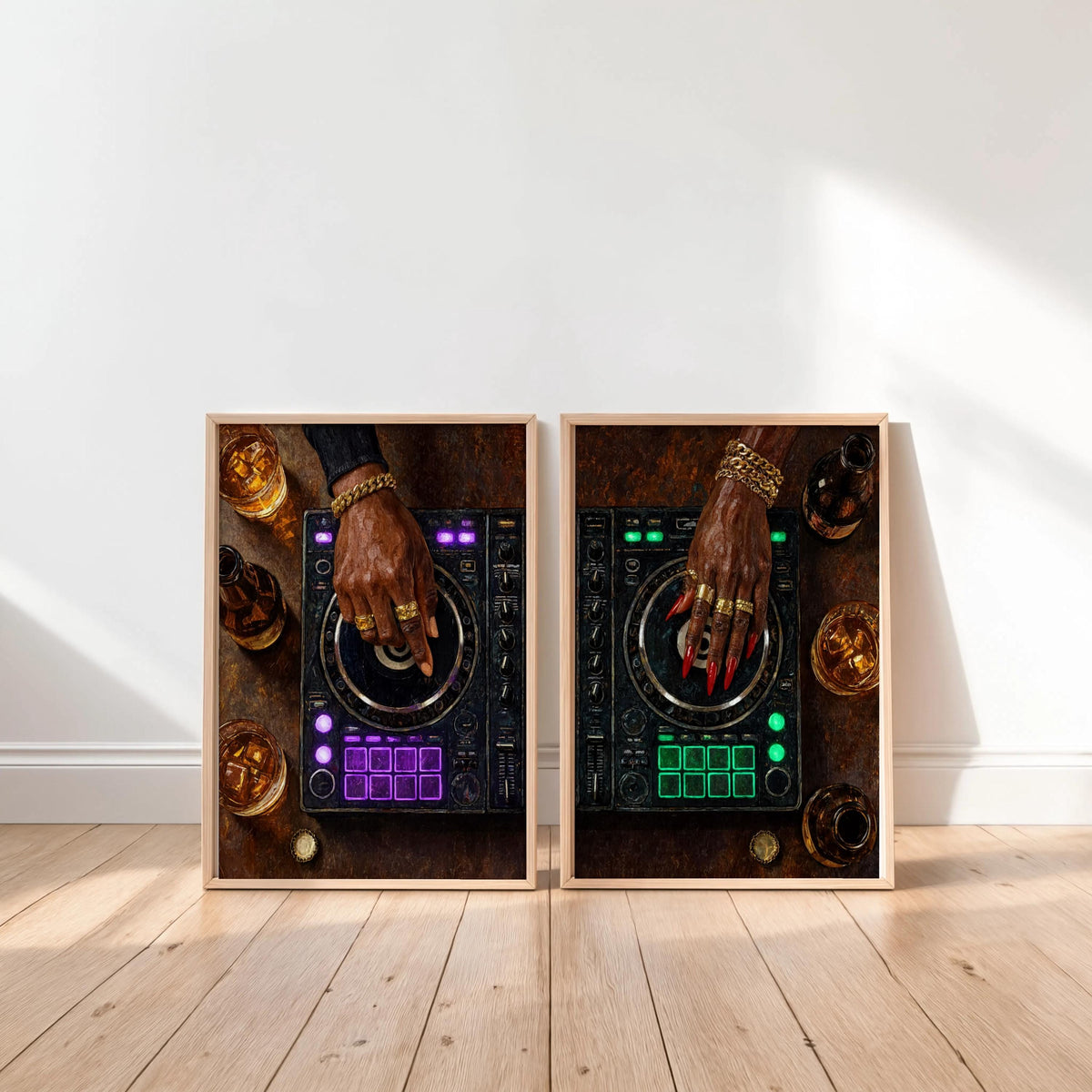 Black Culture DJ Turntable Art Set of 2, Modern Music Studio Print, Black Woman & Man DJ Decks Controller Poster, Urban Club Lover Gift