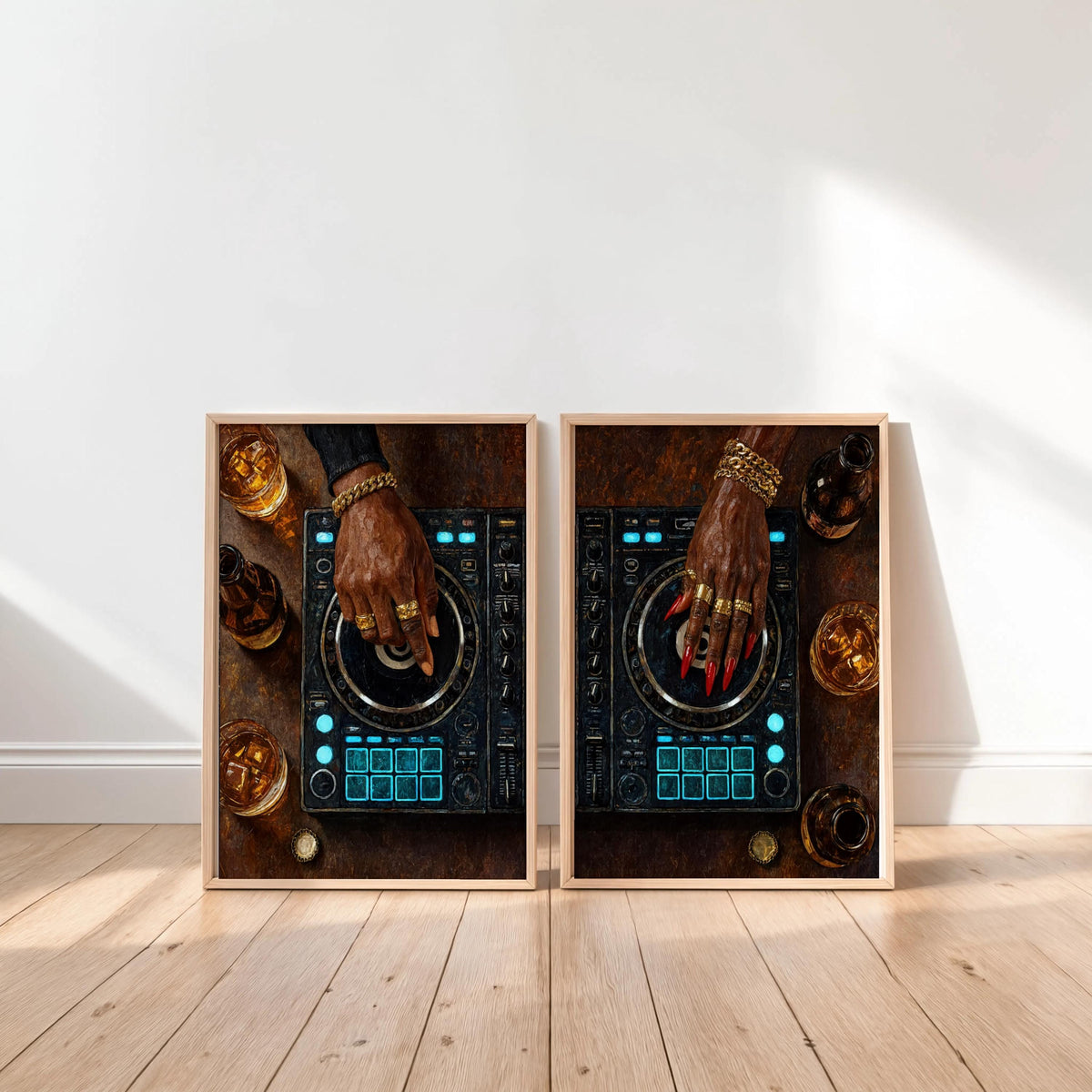 Black Culture DJ Turntable Art Set of 2, Modern Music Studio Print, Black Woman & Man DJ Decks Controller Poster, Urban Club Lover Gift
