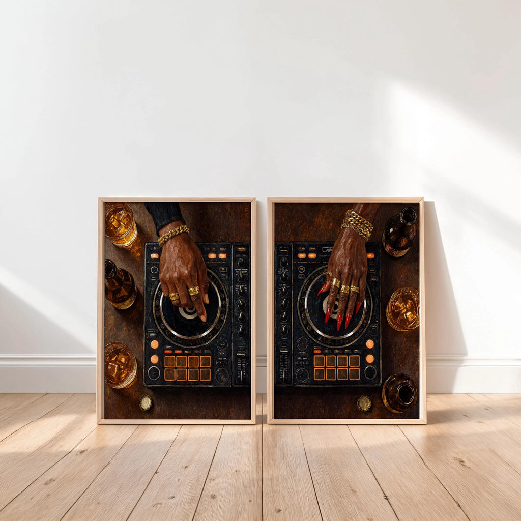 Black Culture DJ Turntable Art Set of 2, Modern Music Studio Print, Black Woman & Man DJ Decks Controller Poster, Urban Club Lover Gift