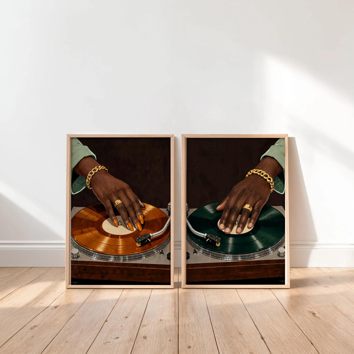 Vinyl Record Player Art Set of 2: Black Woman & Man Hands Print, Modern Music Studio Wall Art, Stylish Afrocentric African DJ Soul Poster