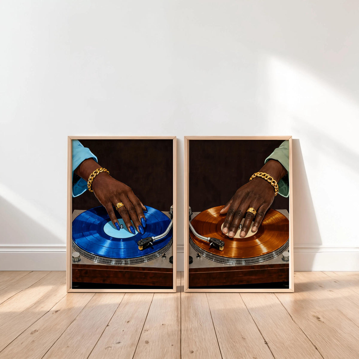 Vinyl Record Player Art Set of 2: Black Woman & Man Hands Print, Modern Music Studio Wall Art, Stylish Afrocentric African DJ Soul Poster