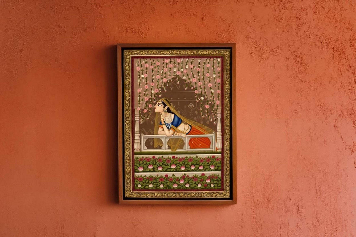 Mughal Queen Art Print, Indian Woman on Balcony Wall Decor, Pichwai Painting, Vintage Traditional Ethnic Print, Floral Folk Art
