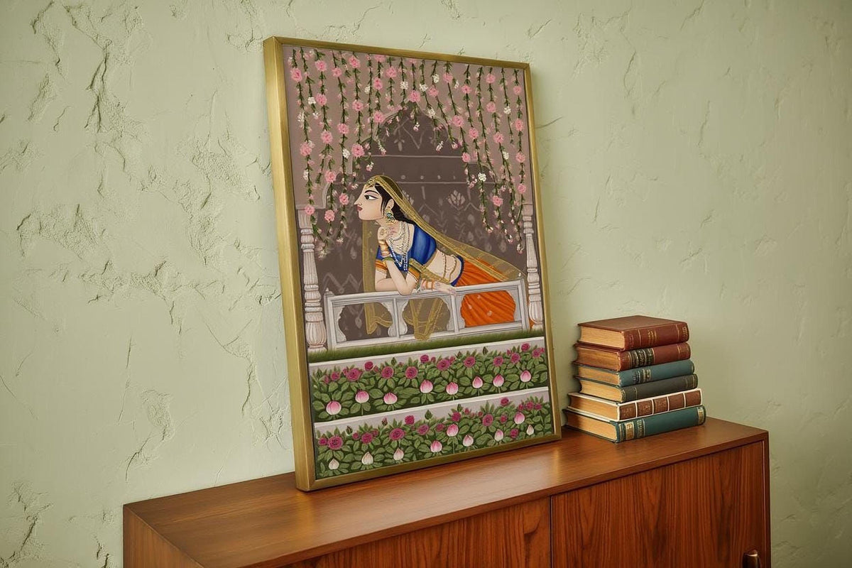 Mughal Queen Art Print, Indian Woman on Balcony Wall Decor, Pichwai Painting, Vintage Traditional Ethnic Print, Floral Folk Art