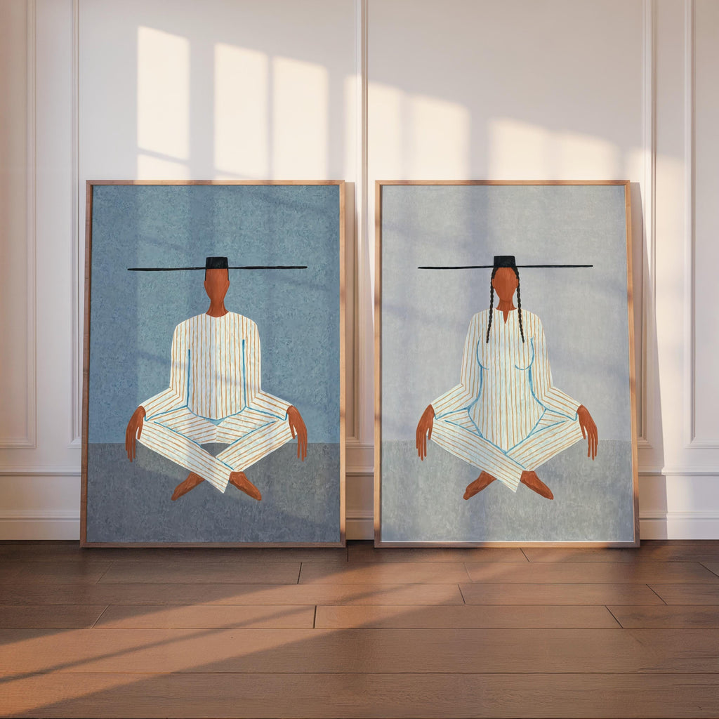 Cool mid blue option, matched pair of abstract figure art prints, modern figurative art for yoga wall art