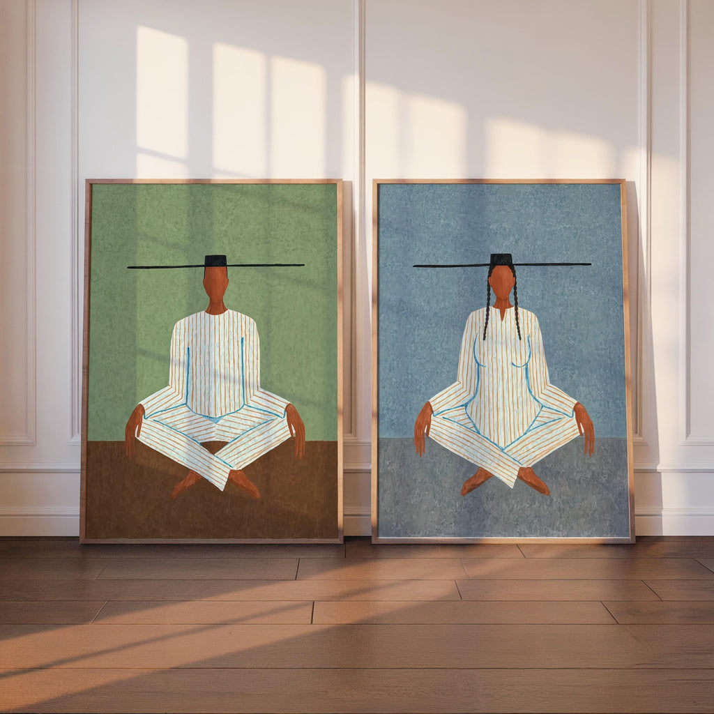 Mixed pair showing one green and one blue backdrop, set of two art prints, minimalist meditation print display