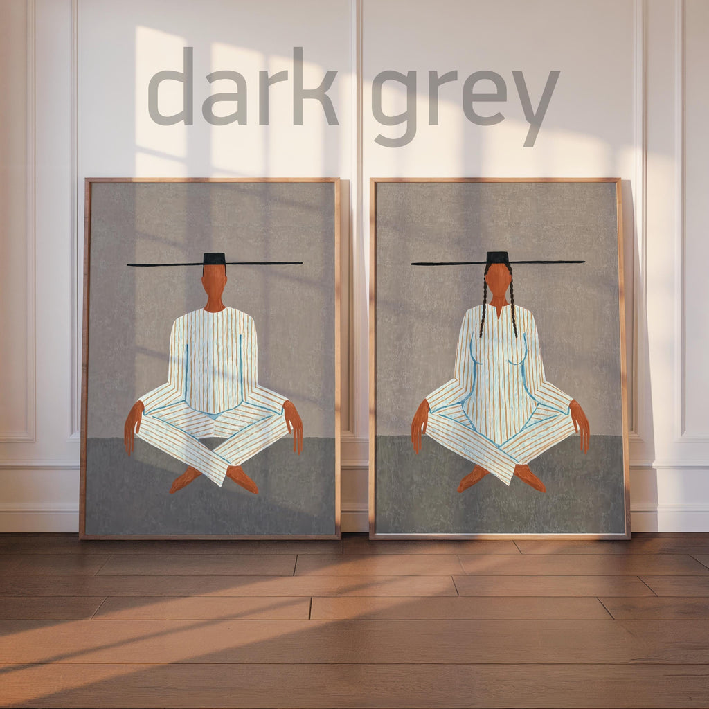 Dark grey variant, two framed abstract figure art prints leaning, minimalist meditation print for zen wall decor