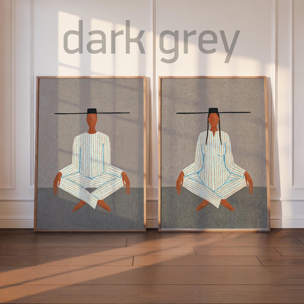 Dark grey variant, two framed abstract figure art prints leaning, minimalist meditation print for zen wall decor