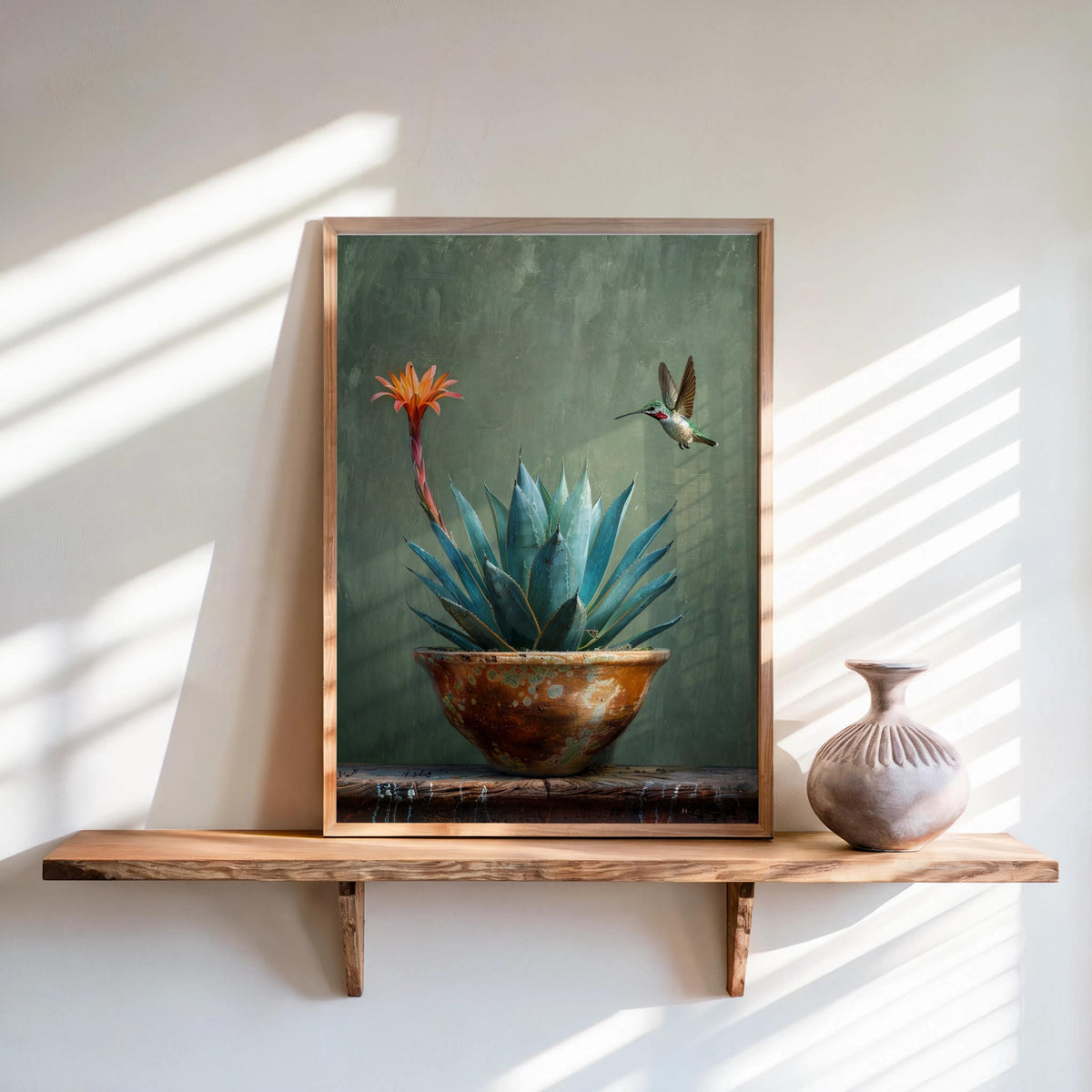 Agave Hummingbird Wall Art, Mexico Botanical Bird Print, Southwestern Desert Succulent Decor, Rustic Boho Nature Painting, Latina Folk Gift
