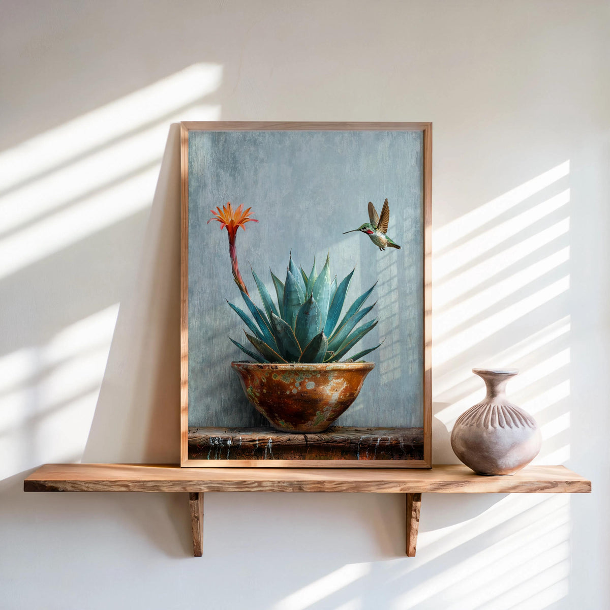Agave Hummingbird Wall Art, Mexico Botanical Bird Print, Southwestern Desert Succulent Decor, Rustic Boho Nature Painting, Latina Folk Gift