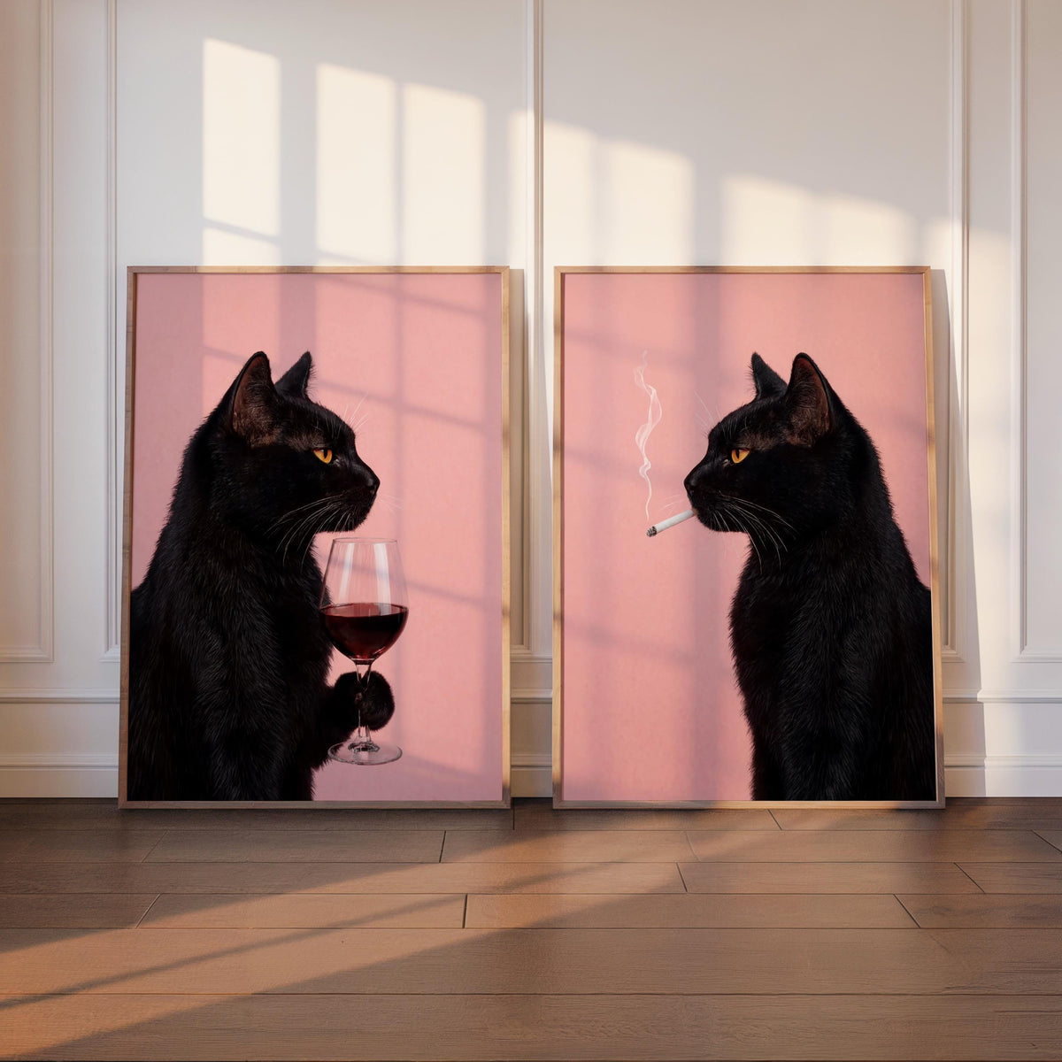 Black Cat Drinking Wine & Smoking Print Set of 2, Surreal Animal Duo, Cigarette Alcohol Home Decor, Unique Bar Cart Art, Funny Wall Decor
