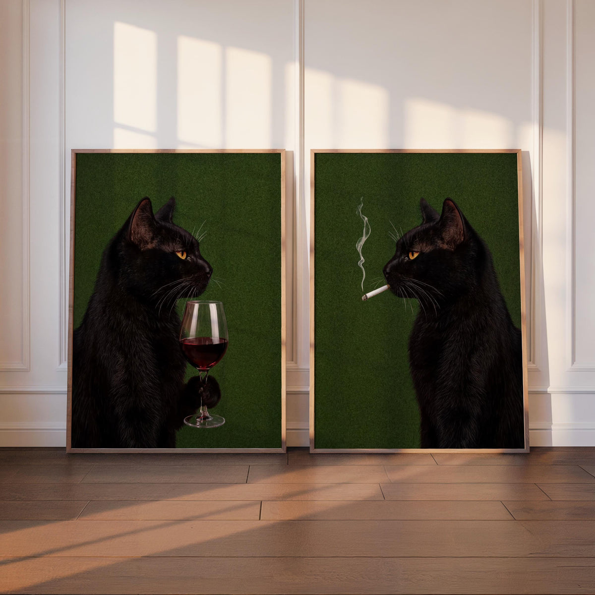 Black Cat Drinking Wine & Smoking Print Set of 2, Surreal Animal Duo, Cigarette Alcohol Home Decor, Unique Bar Cart Art, Funny Wall Decor